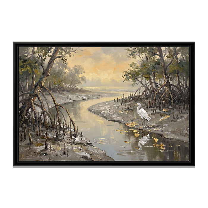 Low Tide in the Mangrove Creek, canvas print in a floater frame on a plain white background