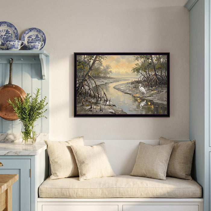 Low Tide in the Mangrove Creek, canvas print shown in a second room