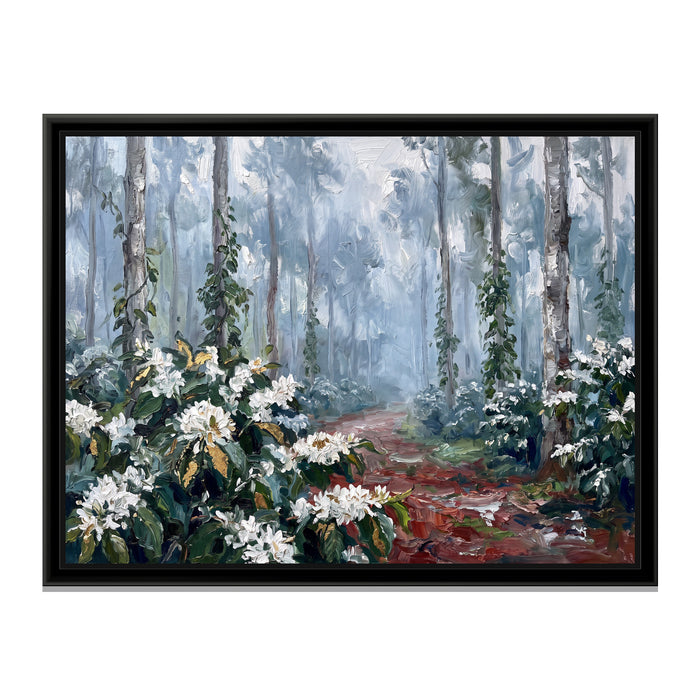 Misty Morning on a Coorg Estate, canvas print in a floater frame on a plain white background