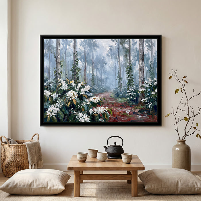 Misty Morning on a Coorg Estate, canvas print shown in a second room