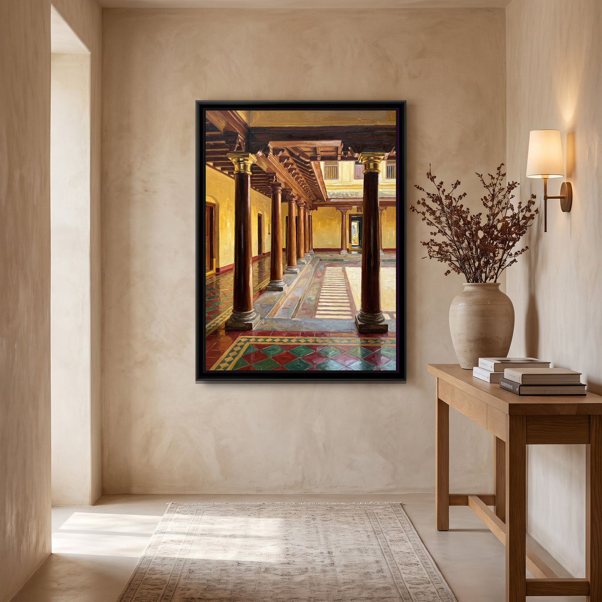 Pillared Hall of a Chettinad Mansion, canvas print shown in a room