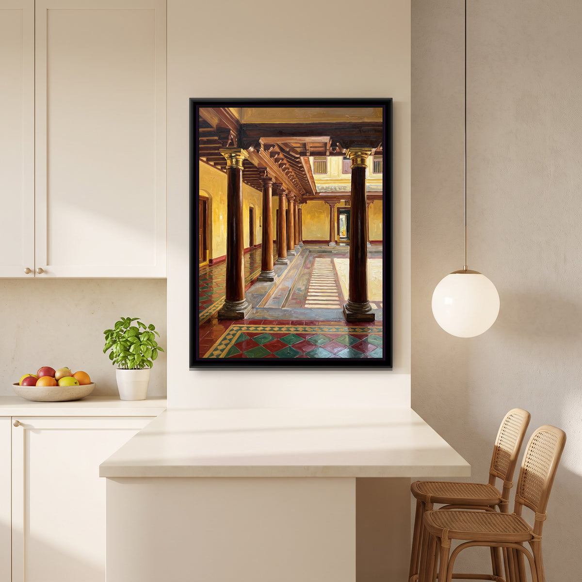 Pillared Hall of a Chettinad Mansion, canvas print shown in a second room