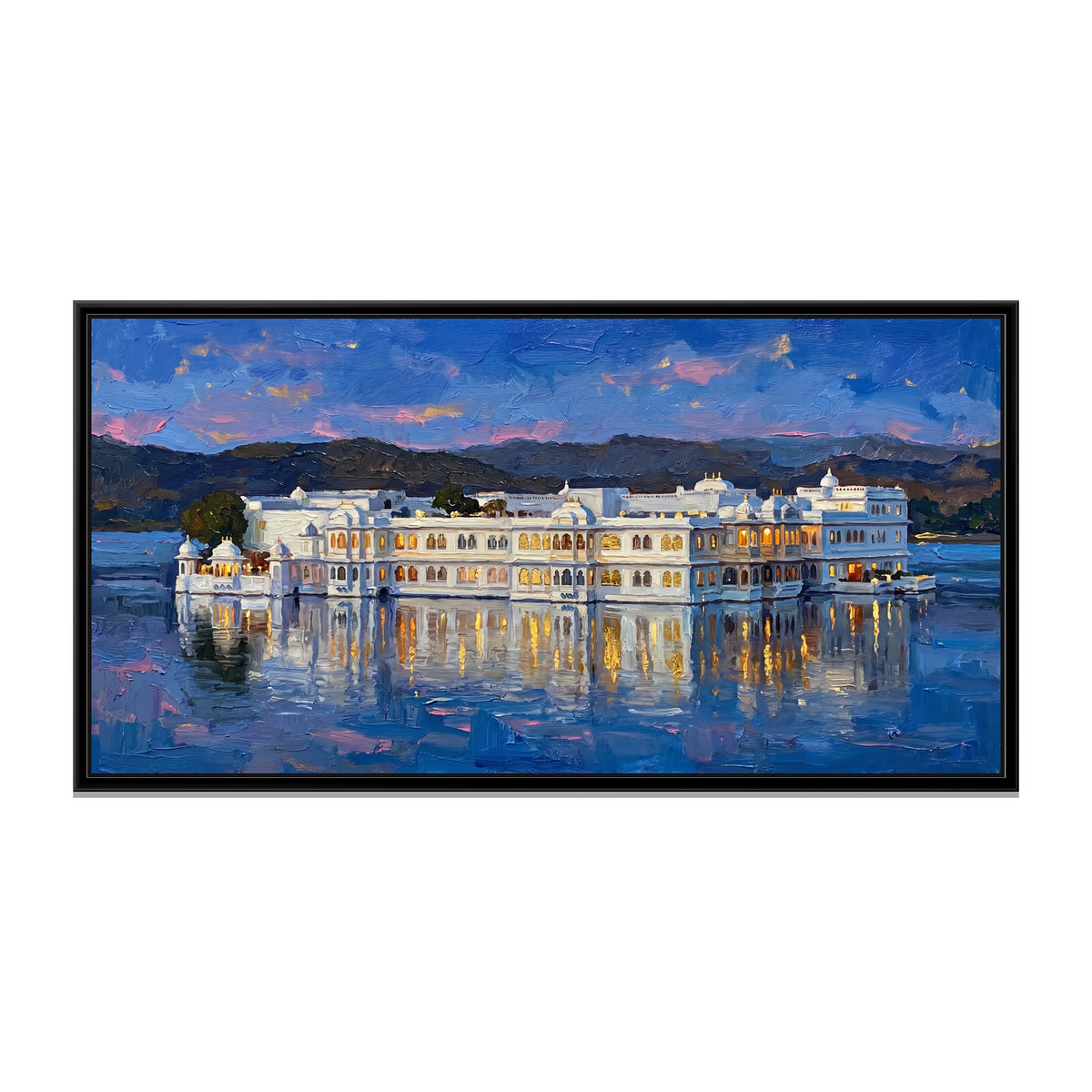 Lake Palace at Blue Hour, canvas print in a floater frame on a plain white background