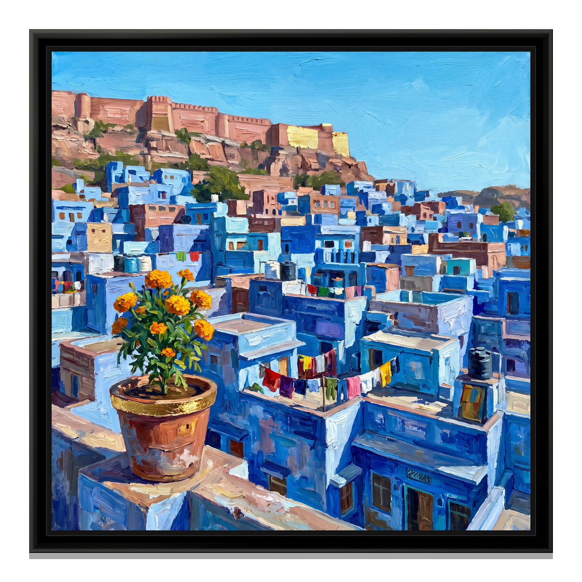 Blue Rooftops of the Old City, canvas print in a floater frame on a plain white background