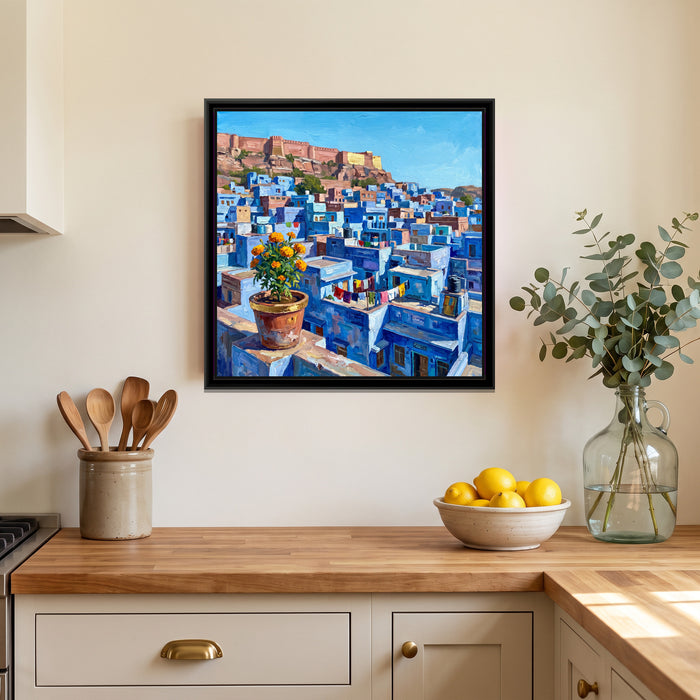 Blue Rooftops of the Old City, canvas in a room