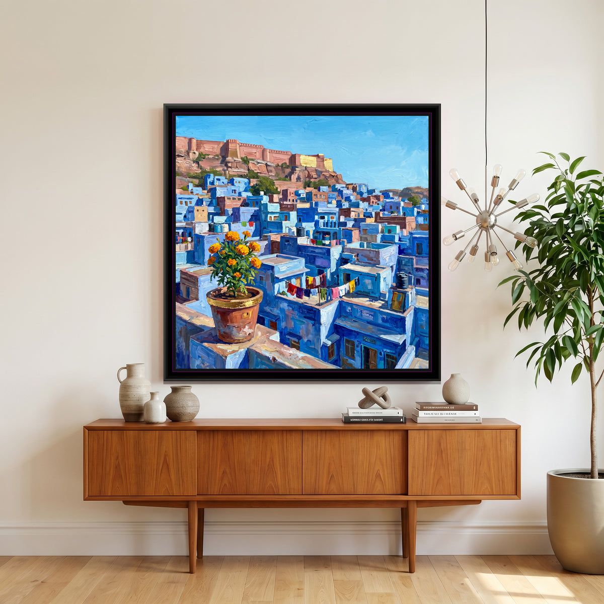 Blue Rooftops of the Old City, canvas print shown in a second room