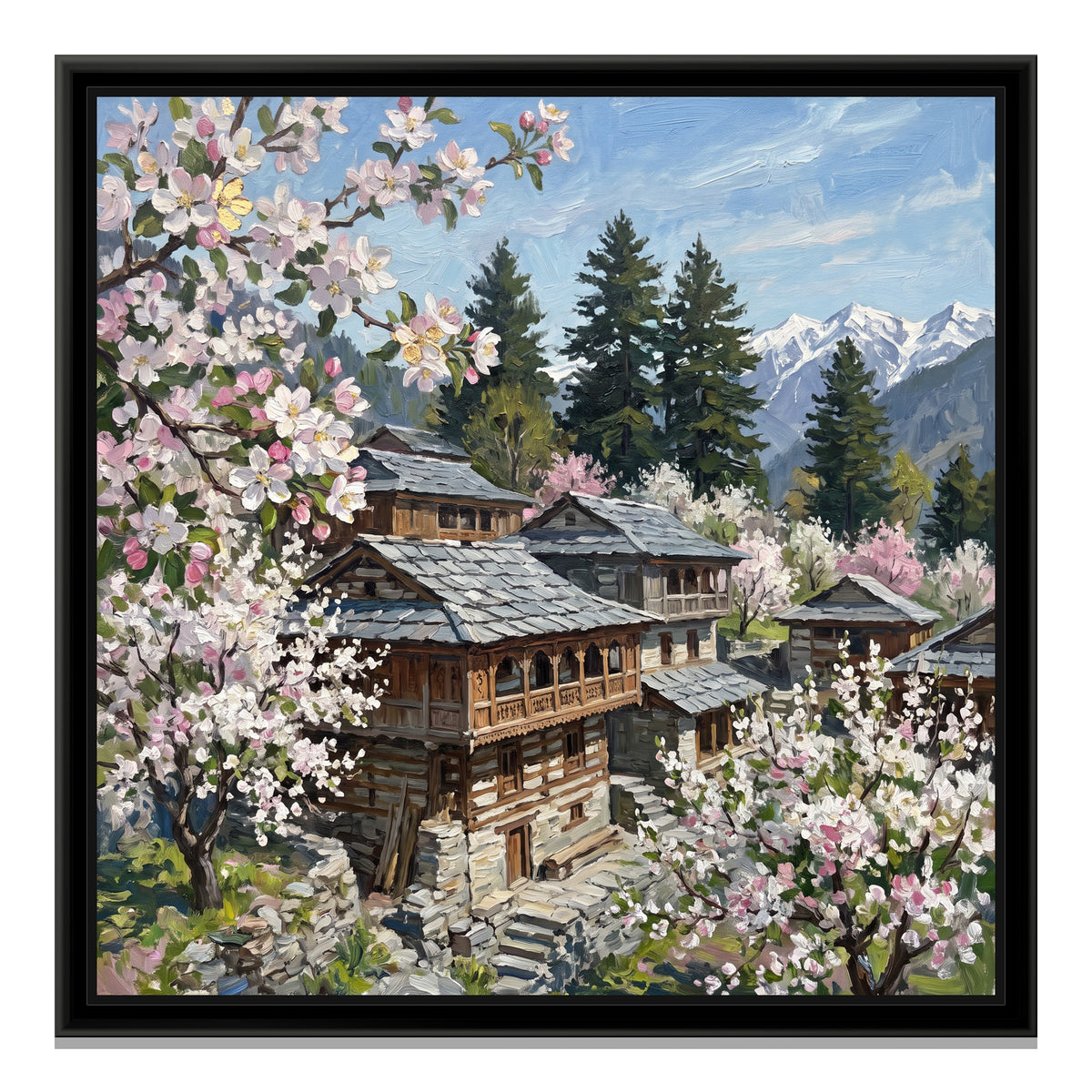 Apple Blossom over the Slate Roofs, canvas print in a floater frame on a plain white background