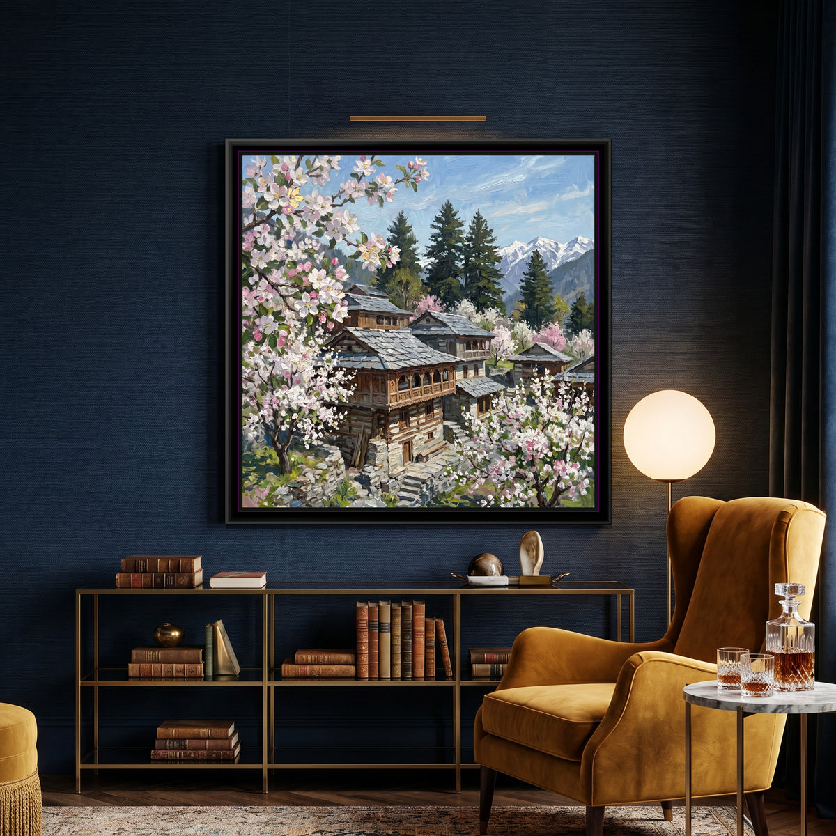 Apple Blossom over the Slate Roofs, canvas print shown in a room