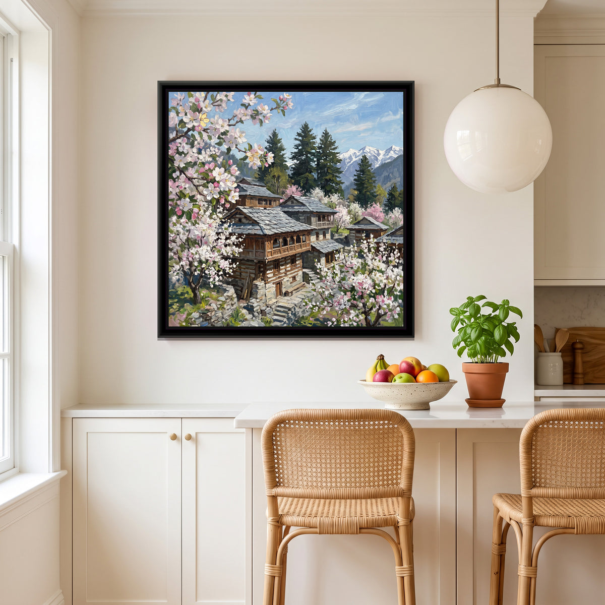 Apple Blossom over the Slate Roofs, canvas print shown in a second room