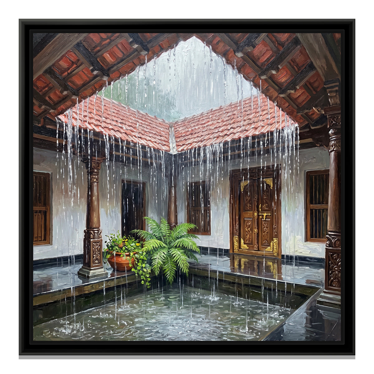 Rain into the Nalukettu Courtyard, canvas print in a floater frame on a plain white background
