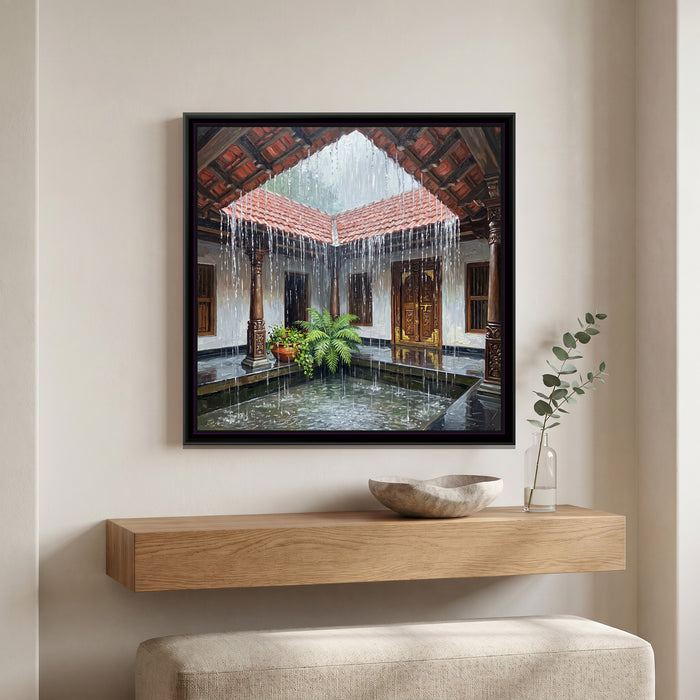 Rain into the Nalukettu Courtyard, canvas print shown in a second room