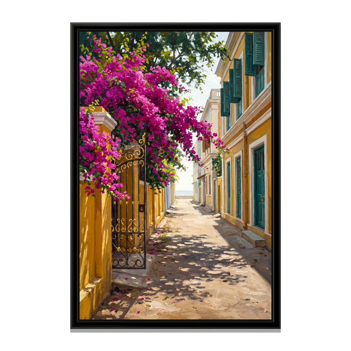 Bougainvillea Lane, White Town, canvas print in a floater frame on a plain white background