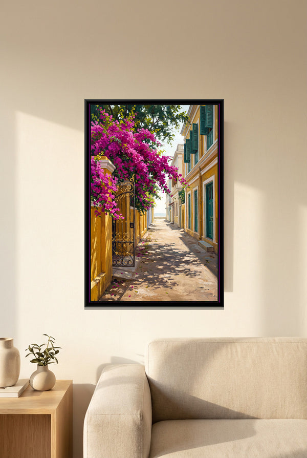 Bougainvillea Lane, White Town, canvas in a room
