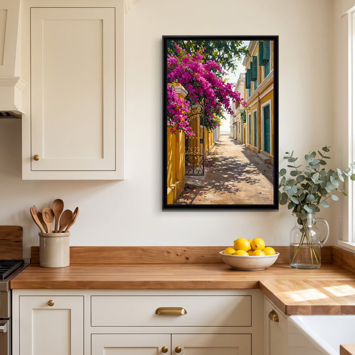 Bougainvillea Lane, White Town, canvas print shown in a second room