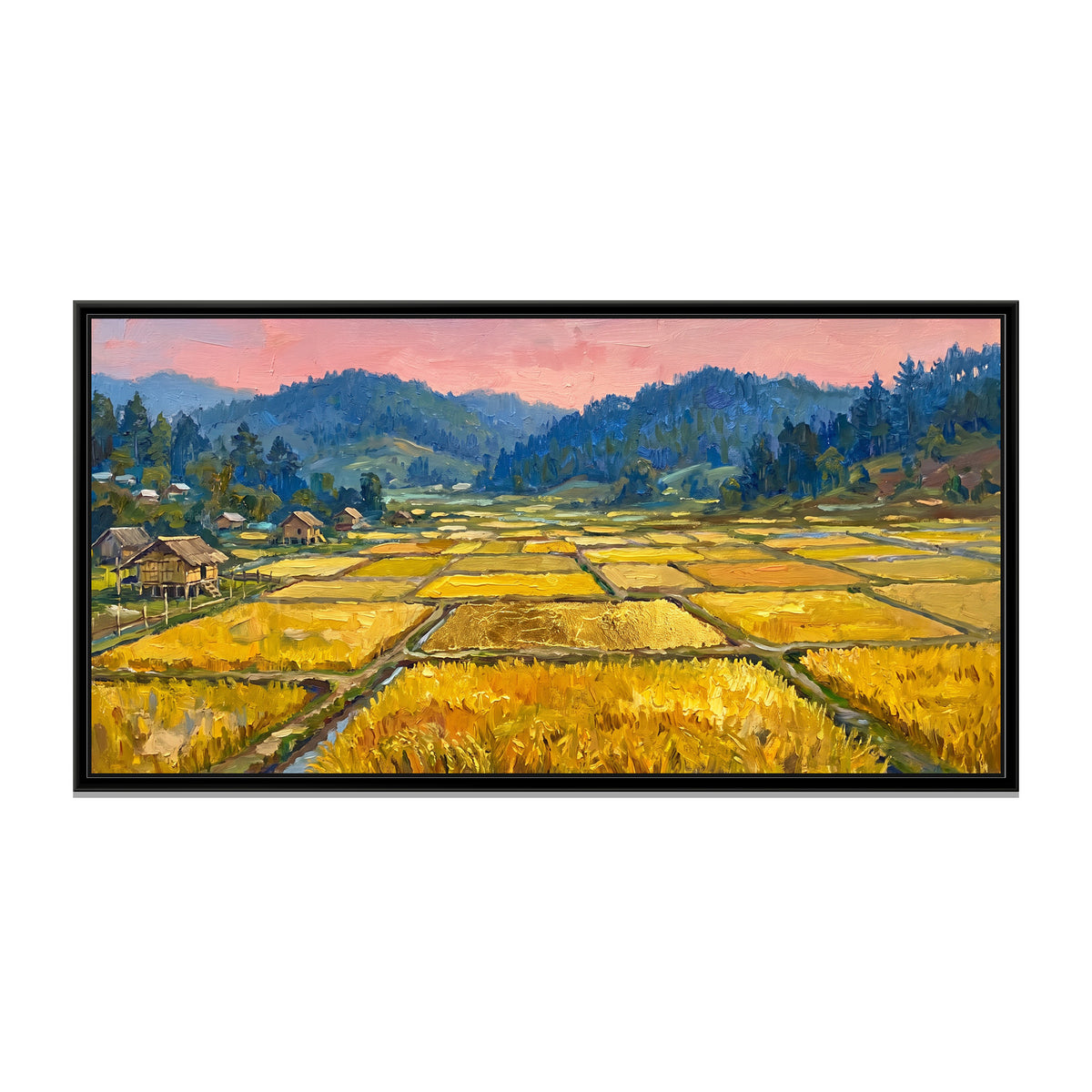 Golden Paddies of Ziro Valley, canvas print in a floater frame on a plain white background