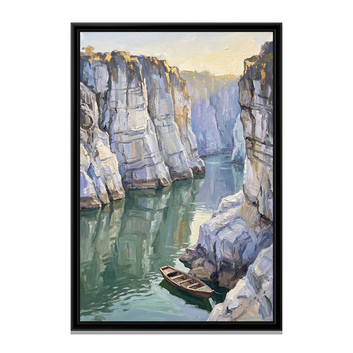 Marble Gorge on the Narmada, canvas print in a floater frame on a plain white background