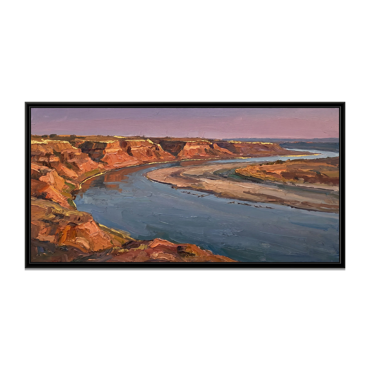 Evening Bend of the Chambal, canvas print in a floater frame on a plain white background