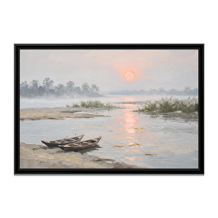 Morning Mist over the Brahmaputra, canvas print in a floater frame on a plain white background