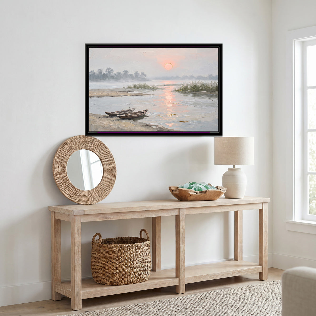 Morning Mist over the Brahmaputra, canvas print shown in a second room