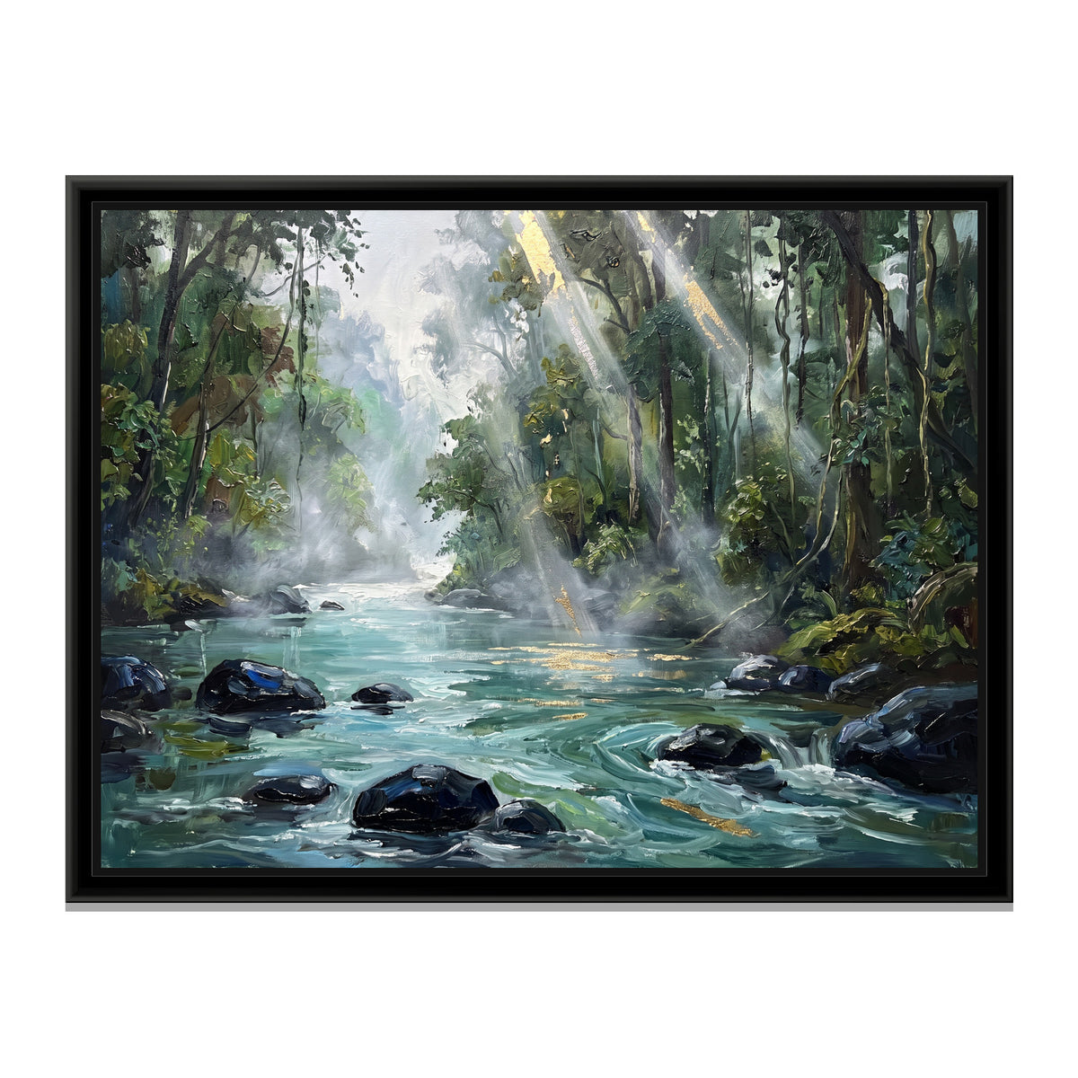 Green River through the Dandeli Forest, canvas print in a floater frame on a plain white background