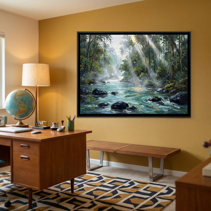 Green River through the Dandeli Forest, canvas print shown in a second room