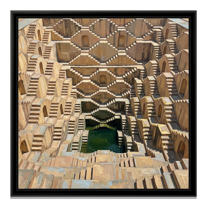 Geometry of the Great Stepwell, canvas print in a floater frame on a plain white background