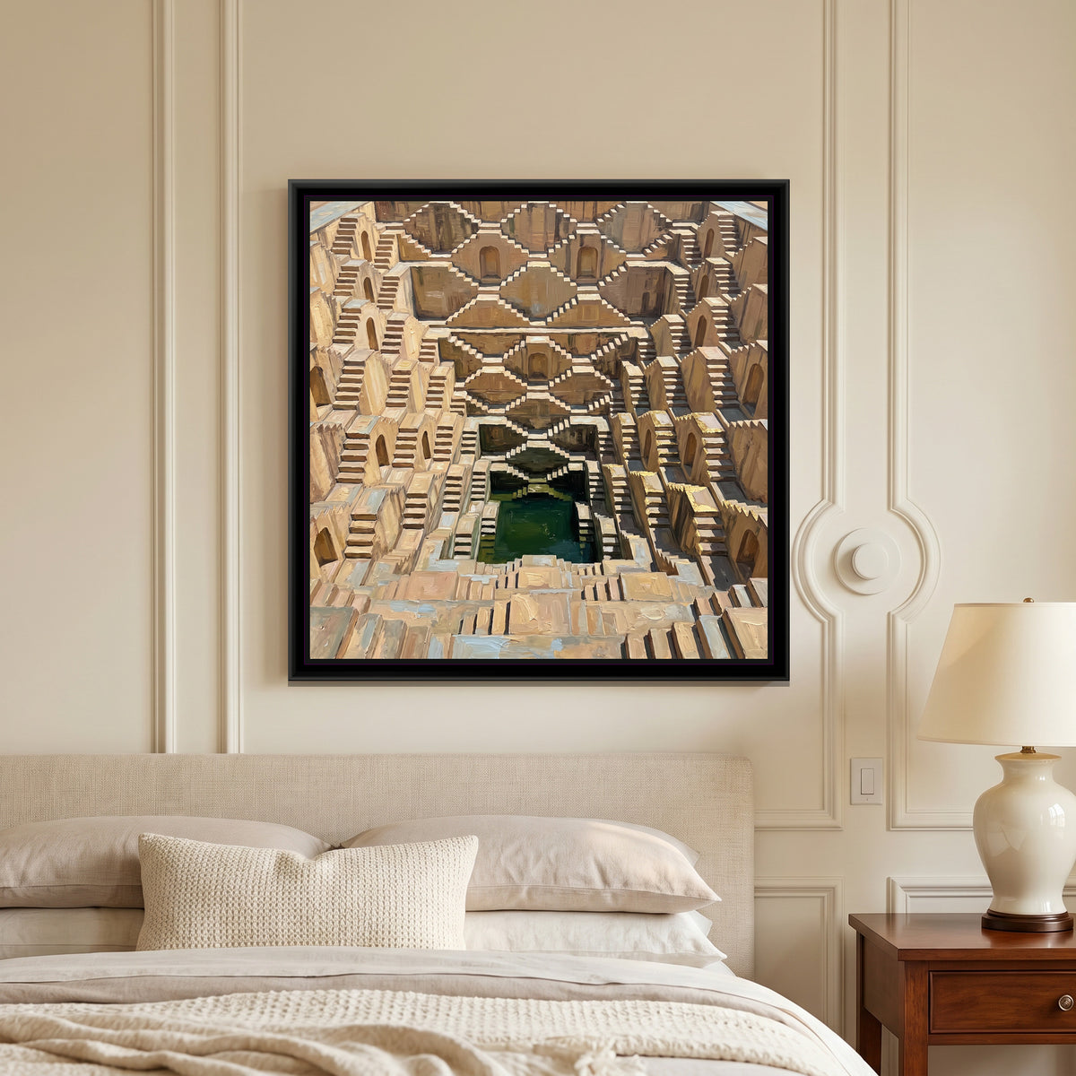 Geometry of the Great Stepwell, canvas print shown in a second room