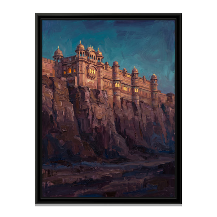 Sandstone Fort on the Cliff at Dusk, canvas print in a floater frame on a plain white background