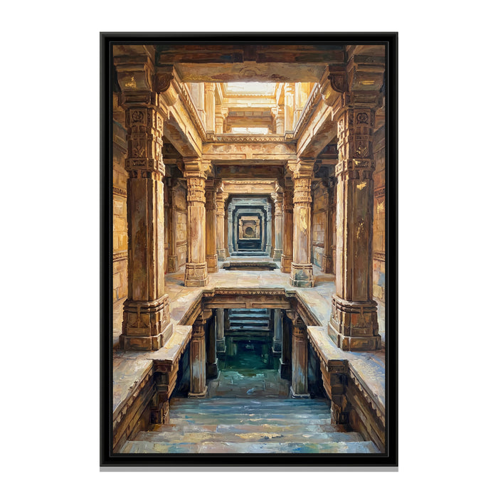 Carved Galleries of a Stepwell, canvas print in a floater frame on a plain white background