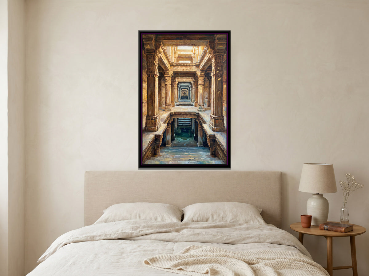 Carved Galleries of a Stepwell, canvas print shown in a second room