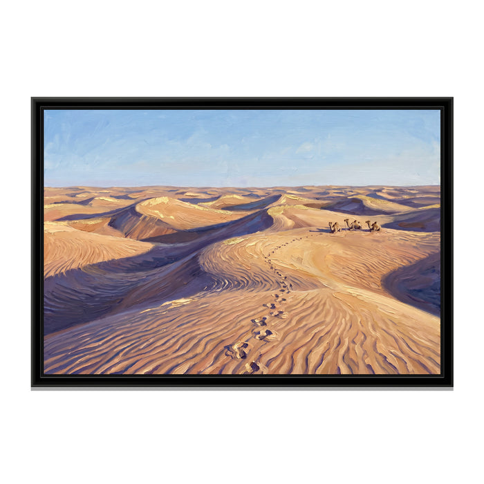 Camel Tracks across the Dunes, canvas print in a floater frame on a plain white background