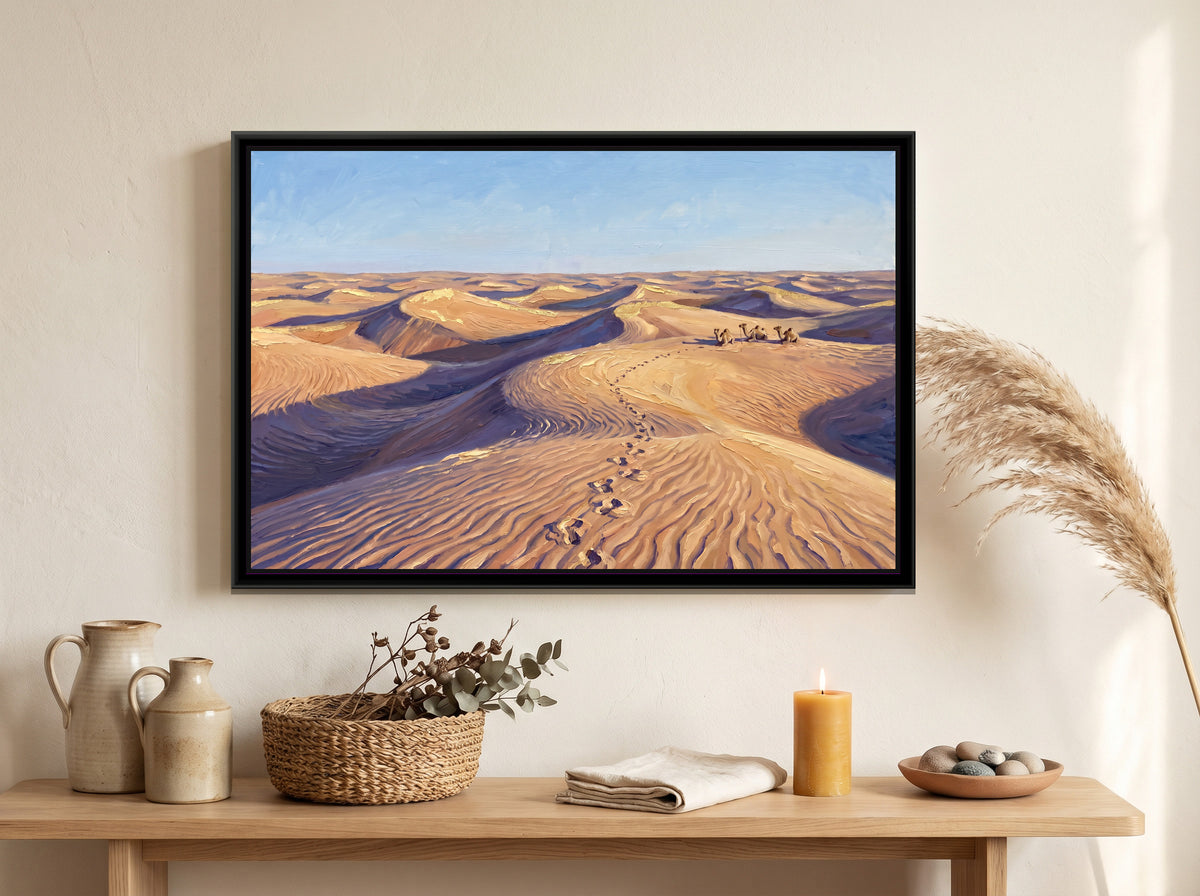 Camel Tracks across the Dunes, canvas print shown in a second room