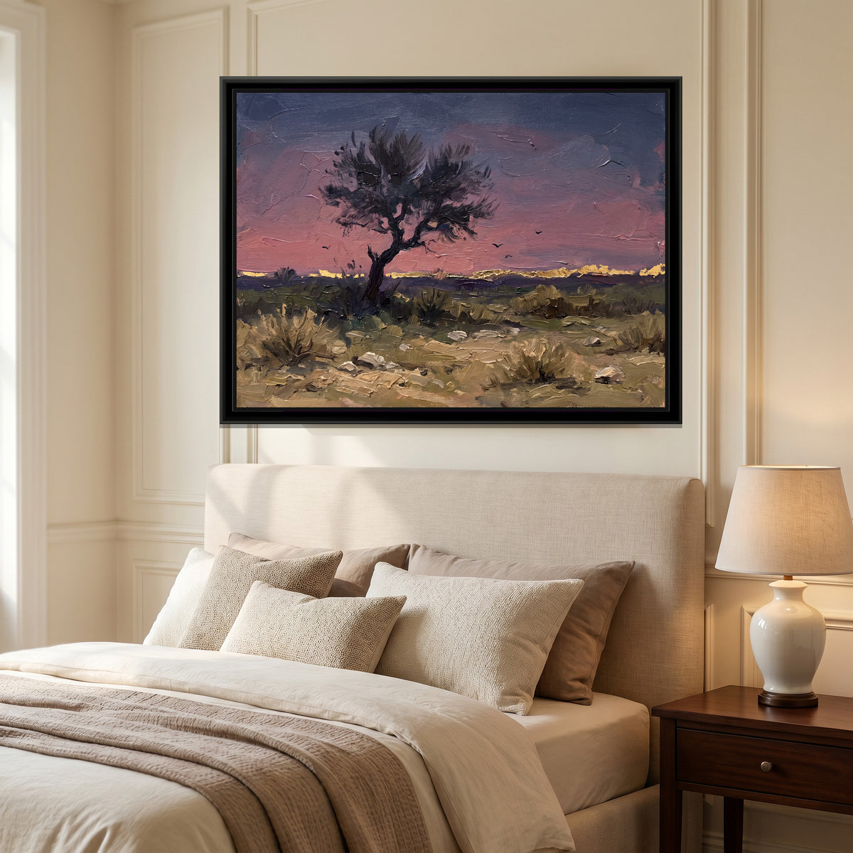 Khejri Tree in the Thar Evening, canvas print shown in a second room