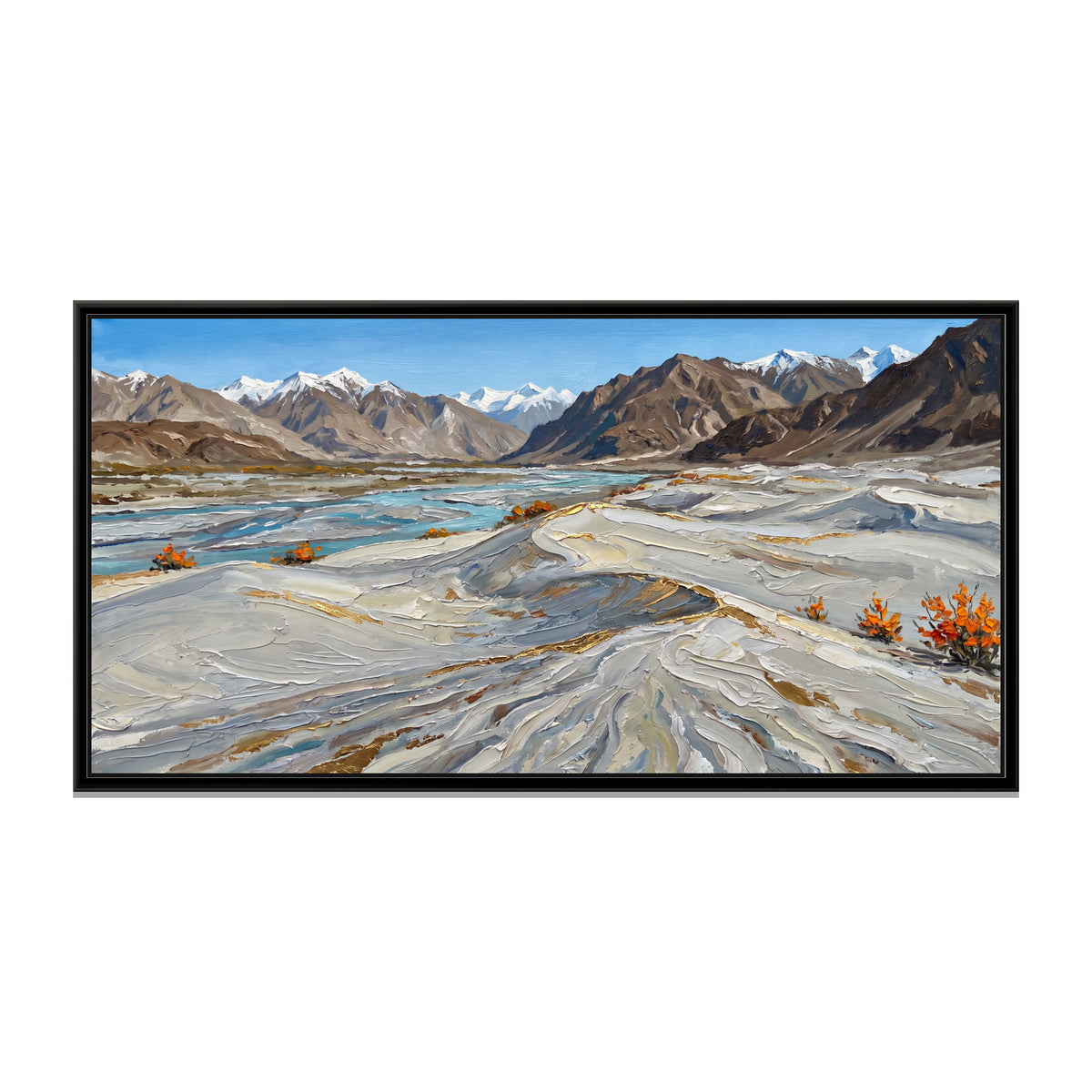 Cold Desert Dunes of Nubra, canvas print in a floater frame on a plain white background