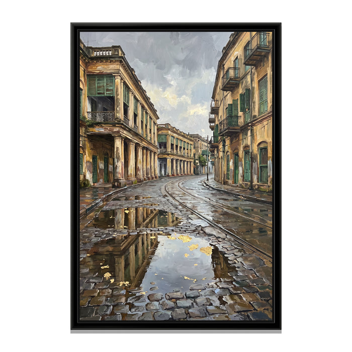 Monsoon Arcades of Old Calcutta, canvas print in a floater frame on a plain white background