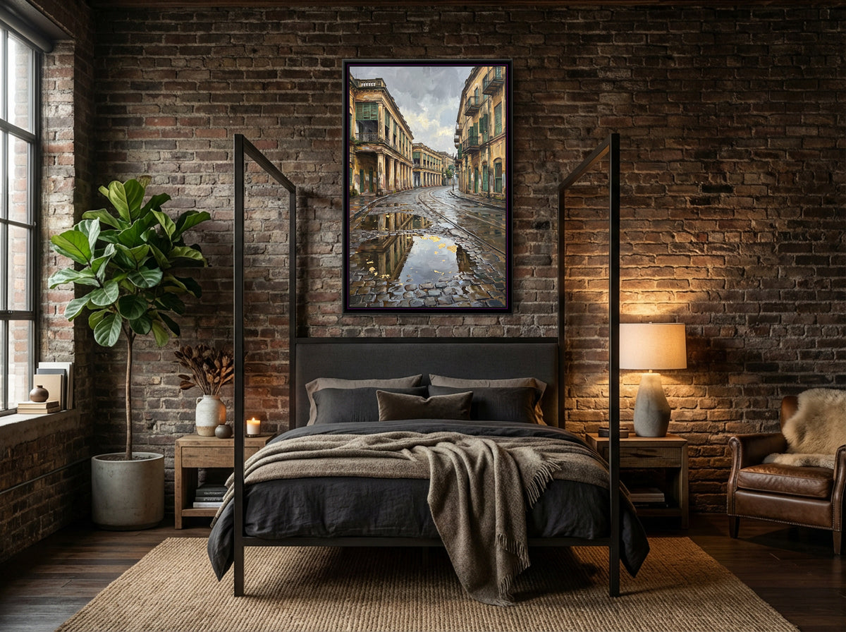 Monsoon Arcades of Old Calcutta, canvas print shown in a second room
