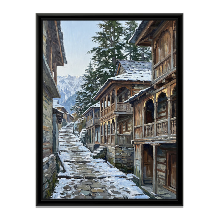 Wooden Balconies of an Old Hill Town, canvas print in a floater frame on a plain white background