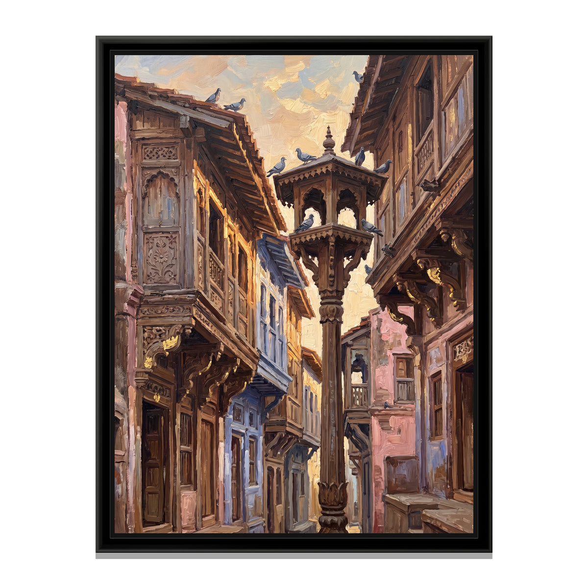 Carved Pol Houses of Old Ahmedabad, canvas print in a floater frame on a plain white background