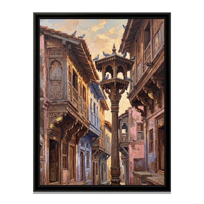 Carved Pol Houses of Old Ahmedabad, canvas print in a floater frame on a plain white background