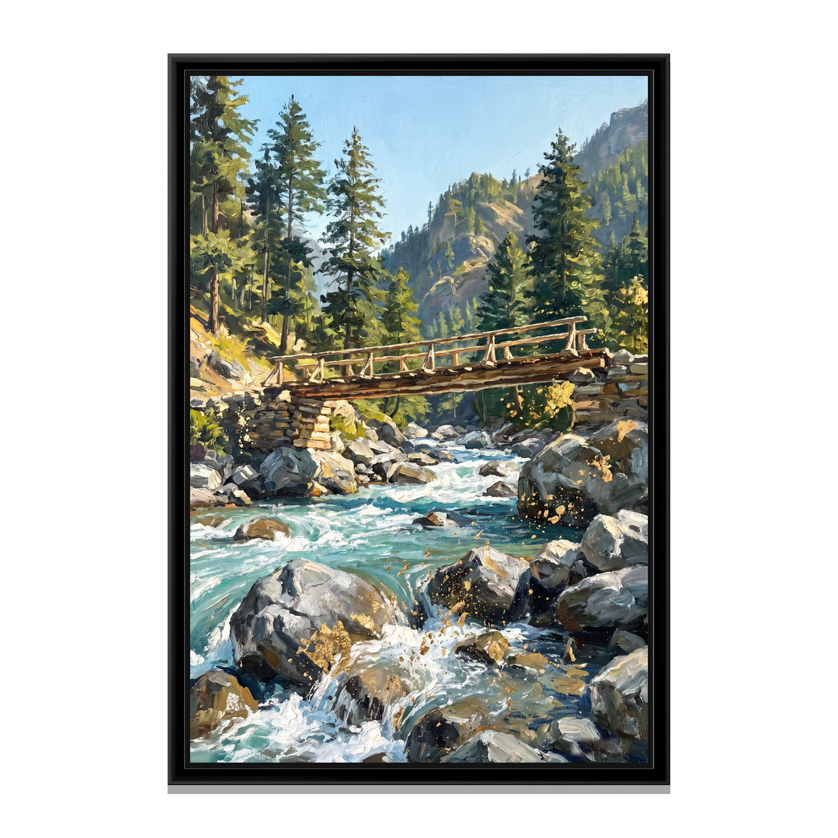 Wooden Bridge over the Parvati River, canvas print in a floater frame on a plain white background