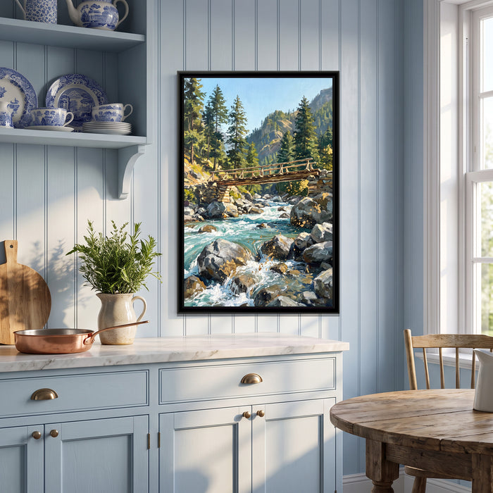 Wooden Bridge over the Parvati River, canvas print shown in a second room