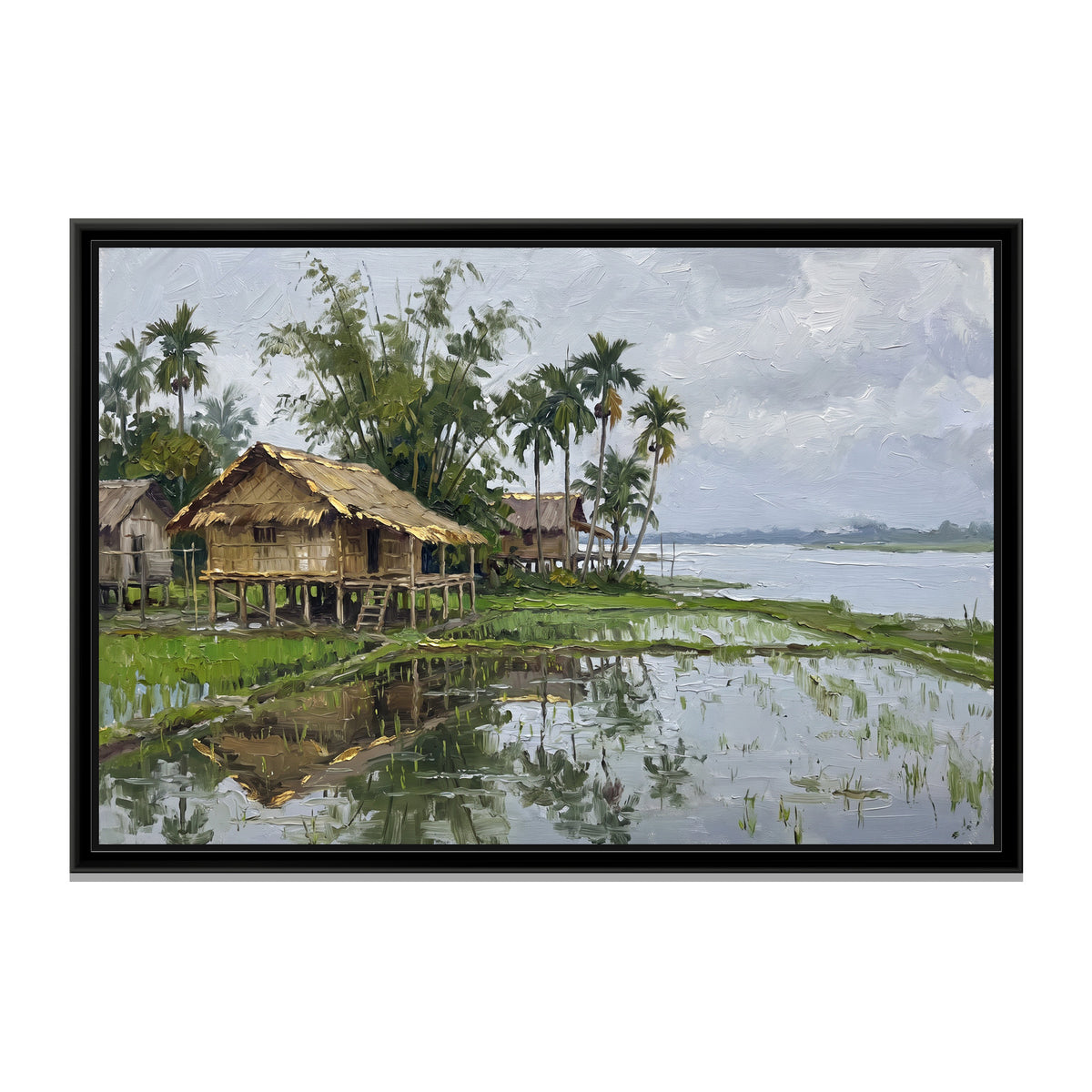 Bamboo Houses on a River Island, canvas print in a floater frame on a plain white background
