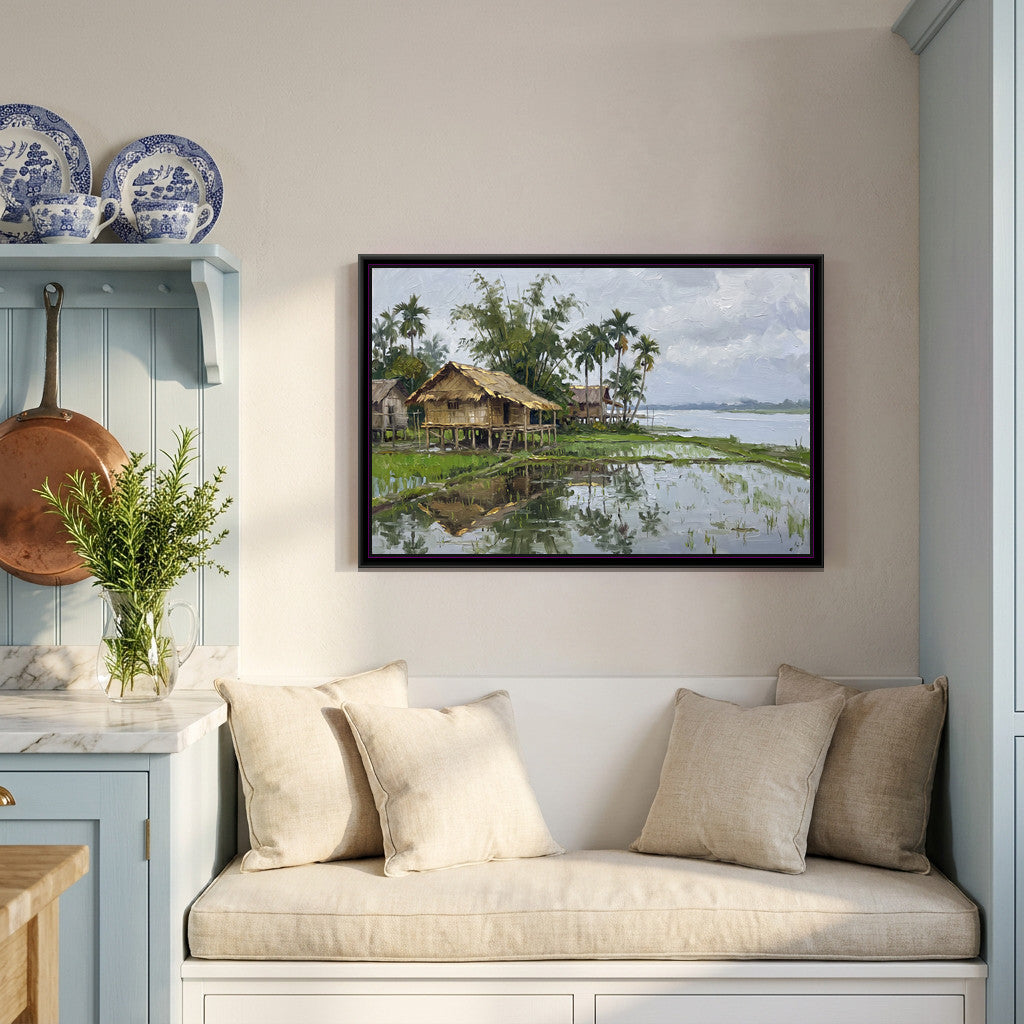 Bamboo Houses on a River Island, canvas print shown in a second room