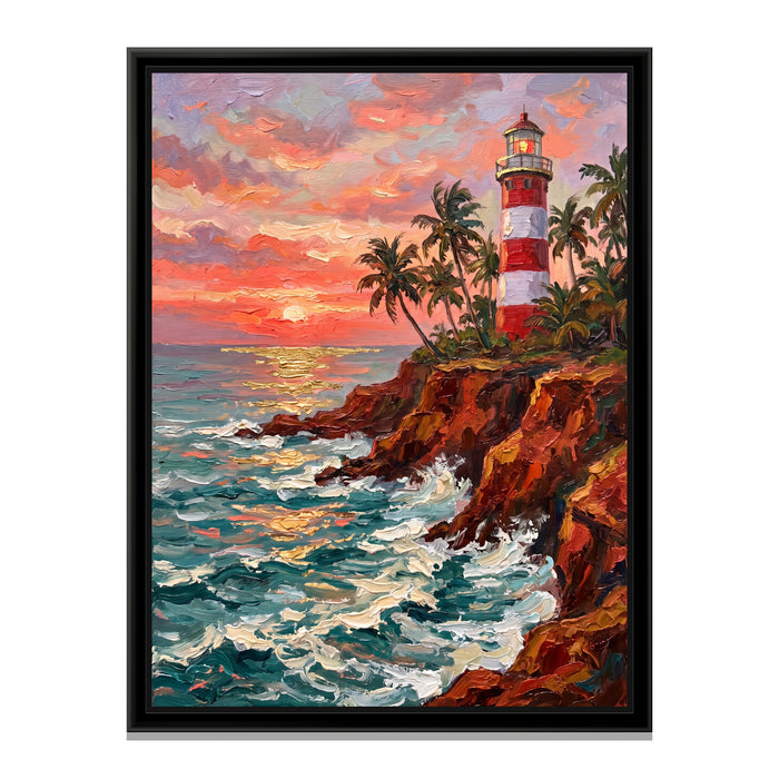 Lighthouse above the Red Cliffs, canvas print in a floater frame on a plain white background