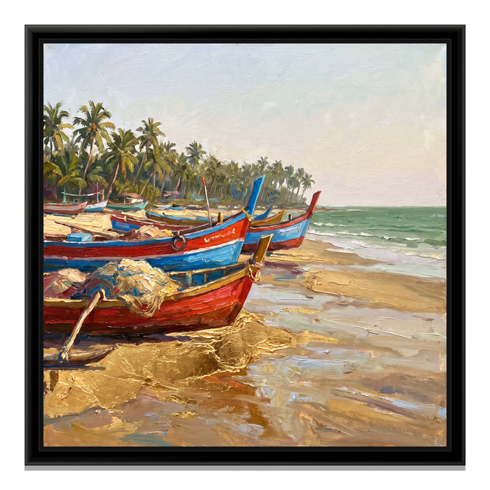 Fishing Boats on the Konkan Shore, canvas print in a floater frame on a plain white background