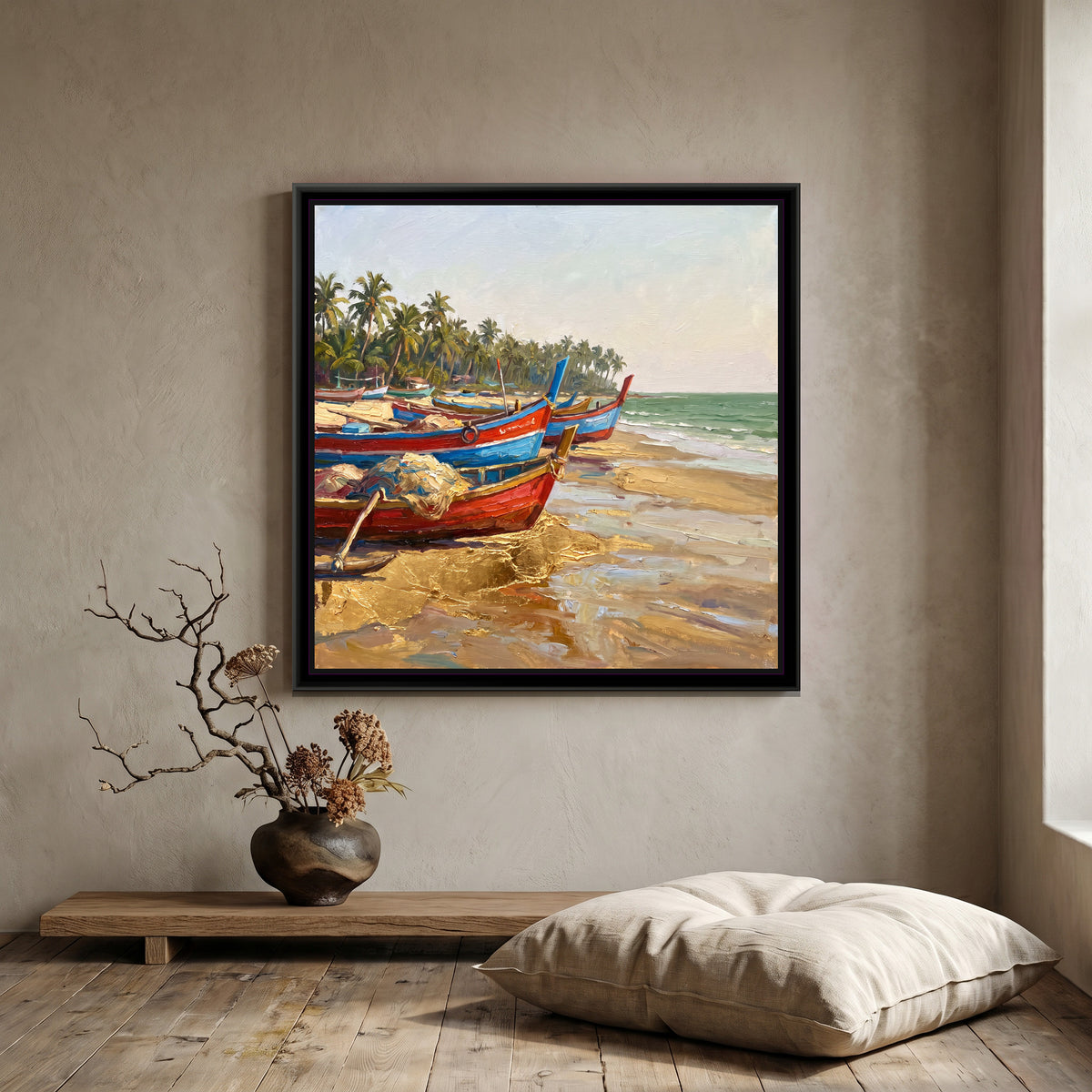 Fishing Boats on the Konkan Shore, canvas print shown in a room