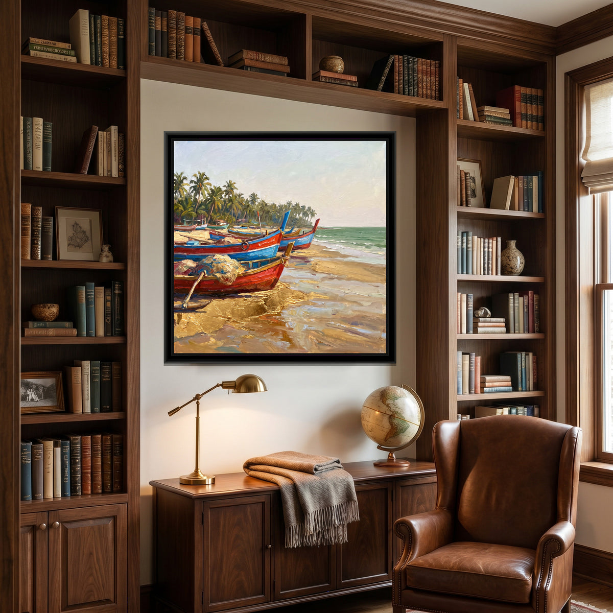 Fishing Boats on the Konkan Shore, canvas print shown in a second room