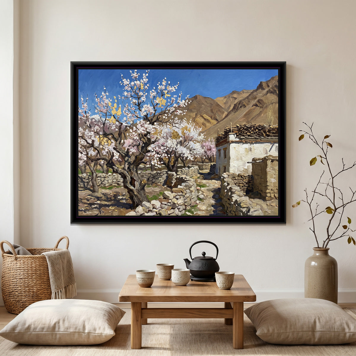 Apricot Blossom in a Ladakhi Orchard, canvas print shown in a second room
