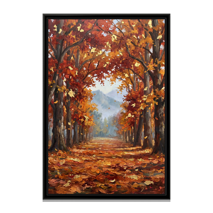 Chinar Avenue in Autumn, canvas print in a floater frame on a plain white background