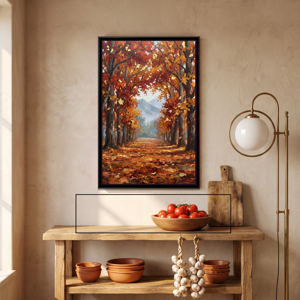 Chinar Avenue in Autumn, canvas print shown in a second room